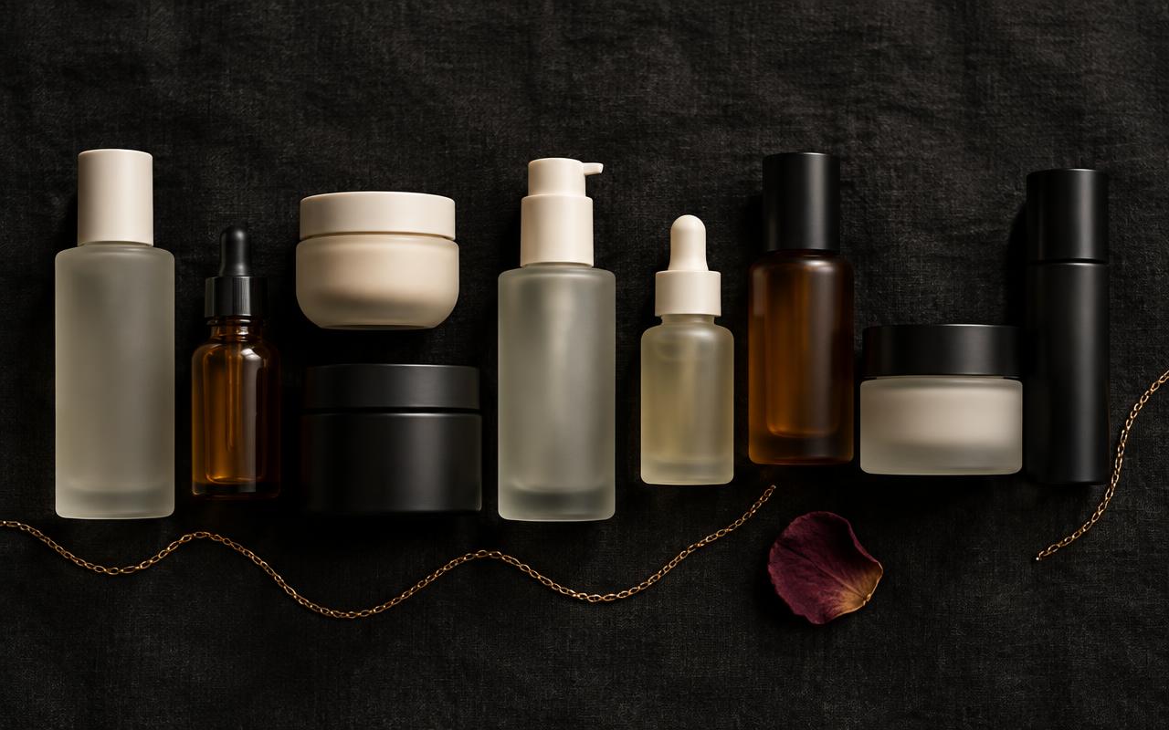 Unlabelled luxury skincare bottles arranged on dark linen
